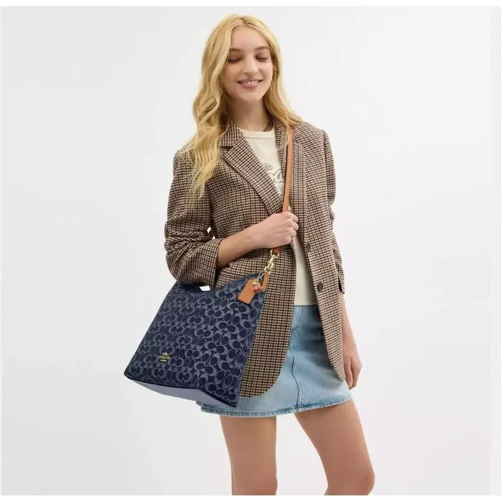 Coach Laurel Large Shoulder Bag Crossbody Signature Gold Denim NWT CY697 - Picture 6 of 11